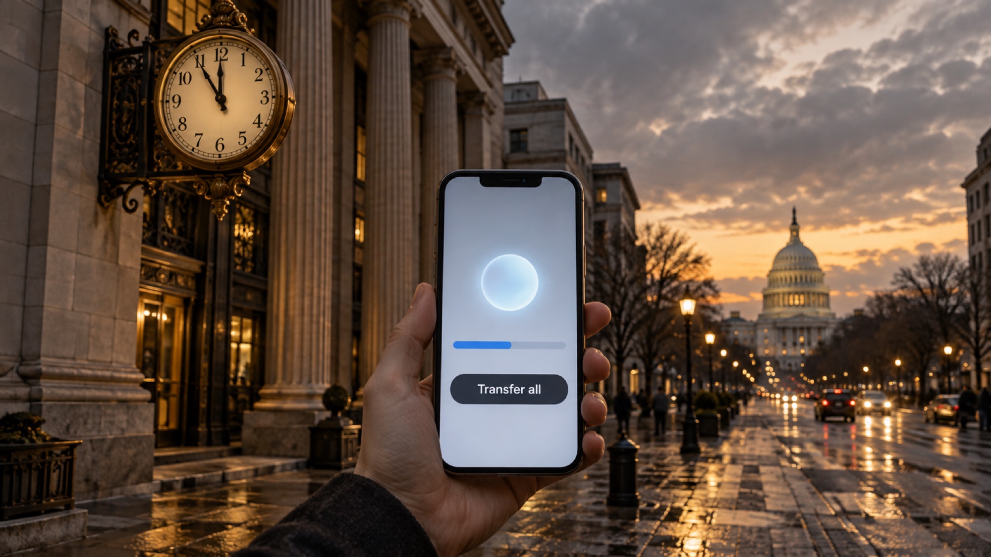 A hand holds a phone showing a Transfer all button outside a bank at dusk, with a street clock and the US Capitol behind.